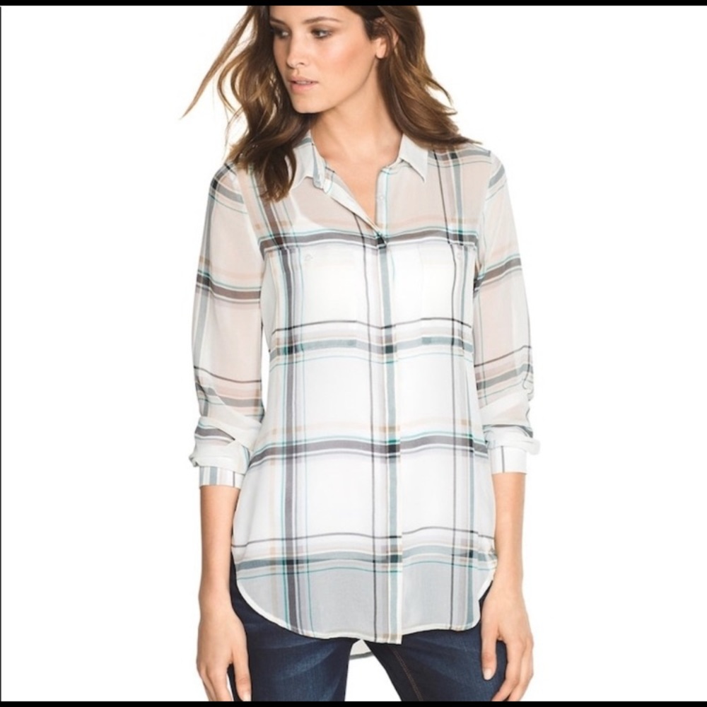 White House Black Market Sheer Plaid Button-Down Shirt in White and Gray